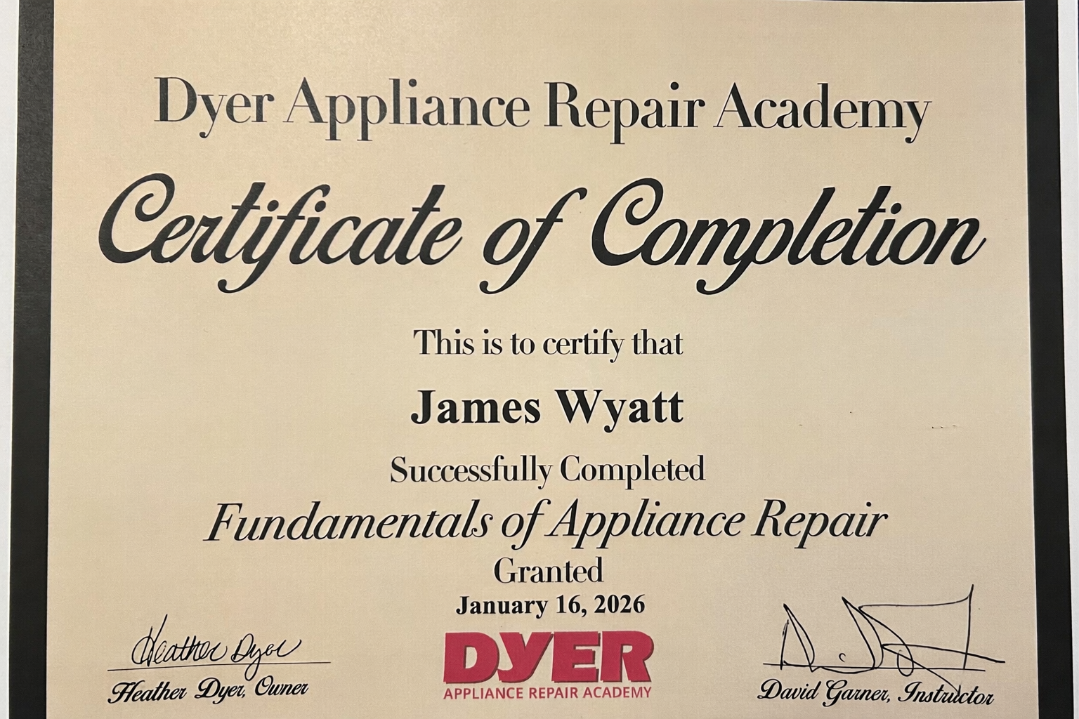 James Wyatt Certificate