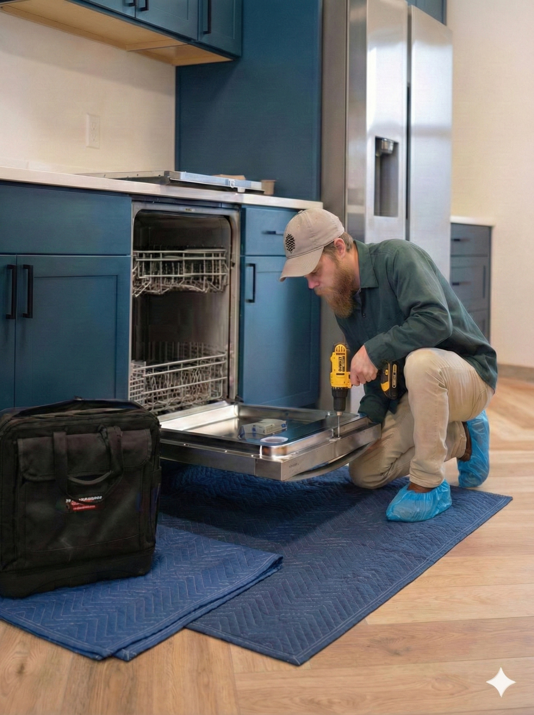 Technician repairing a built-in dishwasher in a clean kitchen